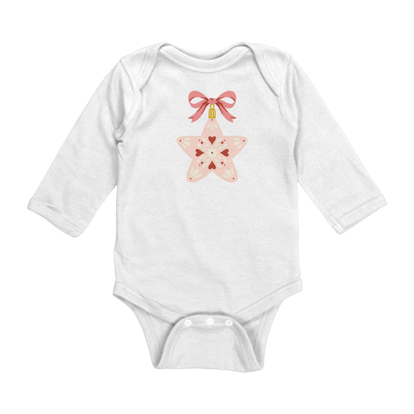 Baby One Piece Christmas Shirt, Pink Folk Art Holiday Ornament Print