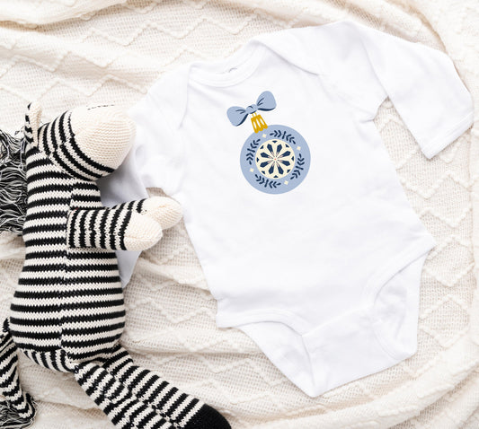 Baby One Piece Christmas Shirt, Blue Folk Art Ornament Print