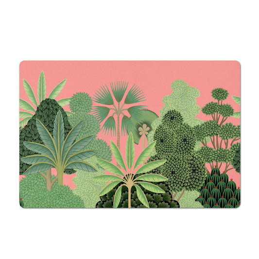 Pet food mat features a tropical tree print on pink. Pet door mat or cat litter mat.