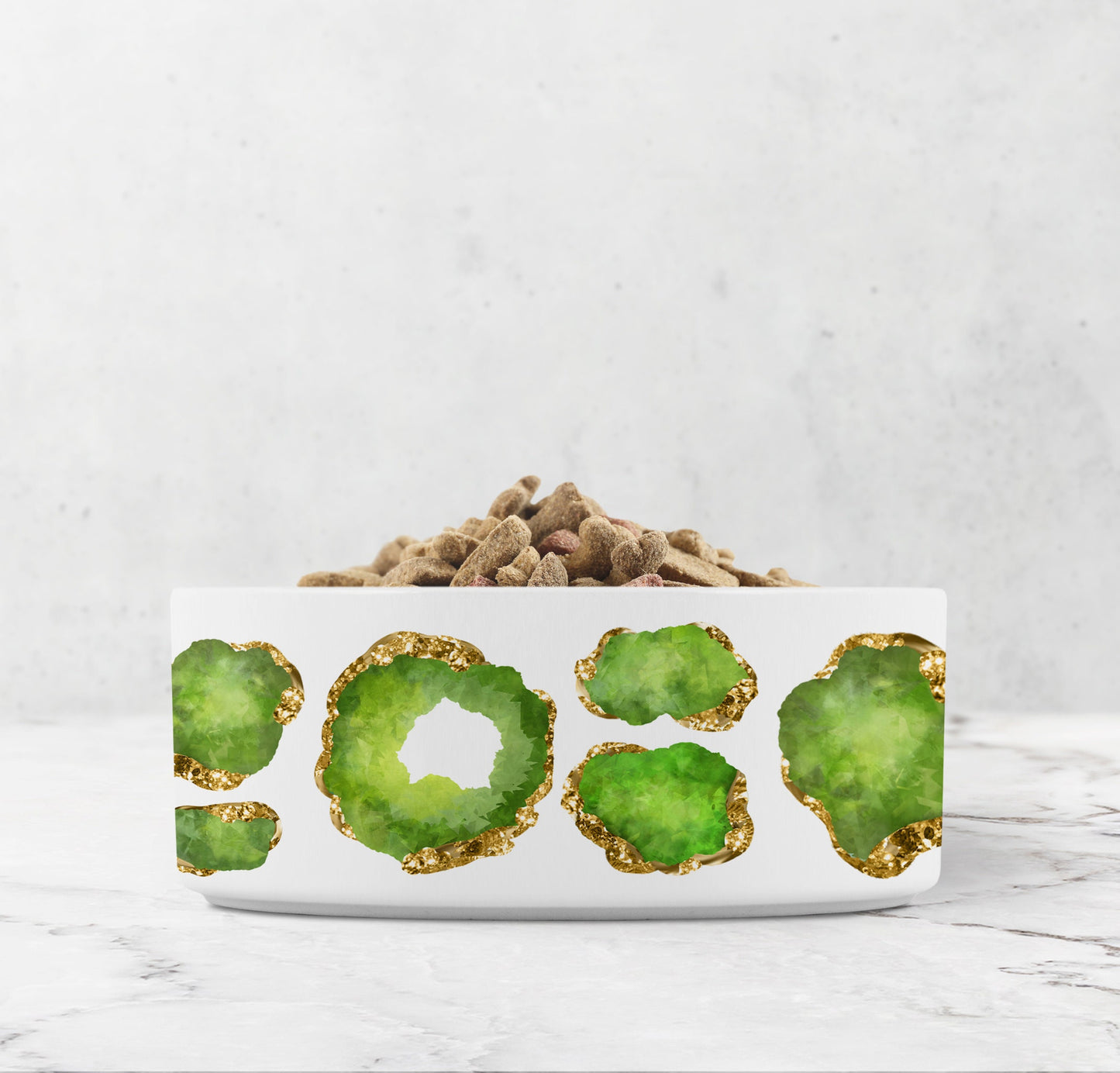 Glam peridot and gold jewels printed on white pet bowl.