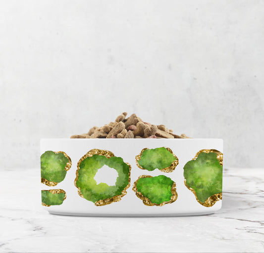 Glam peridot and gold jewels printed on white pet bowl.