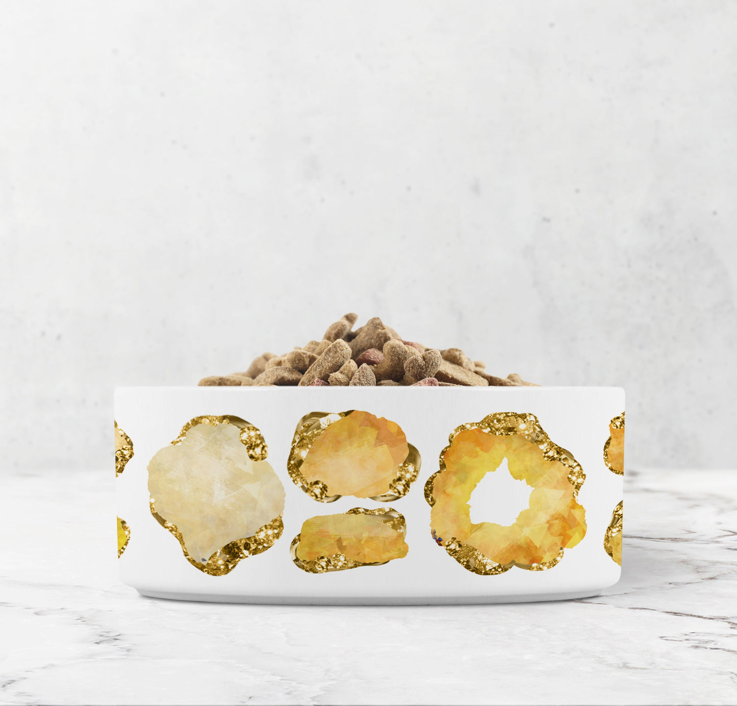 White ceramic pet bowl with yellow Citrine and gold gemstone print for cat or dog