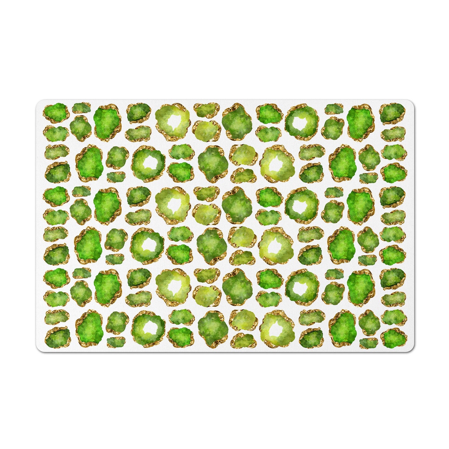 Mat for pet food with peridot jewel print for pet bowls.