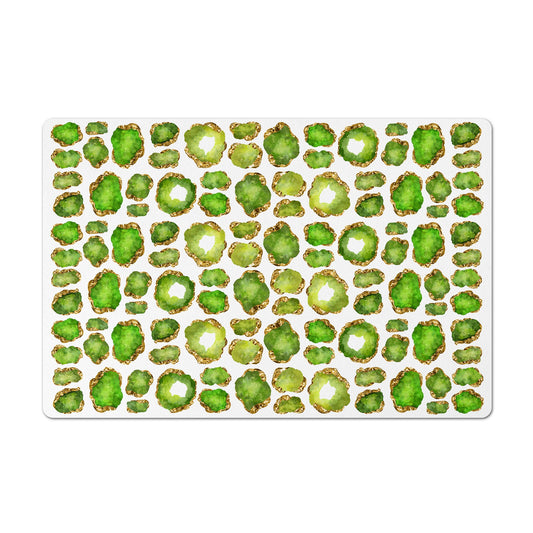 Mat for pet food with peridot jewel print for pet bowls.