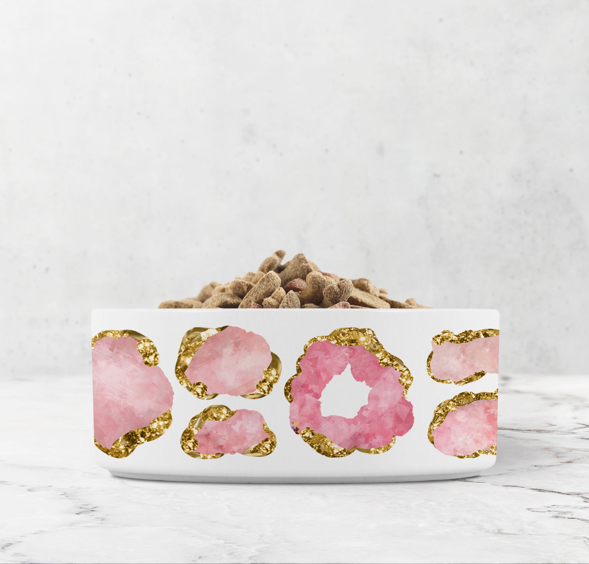 Rose quartz and gold jeweled print dog or cat bowl. Pink and white ceramic pet food dish.
