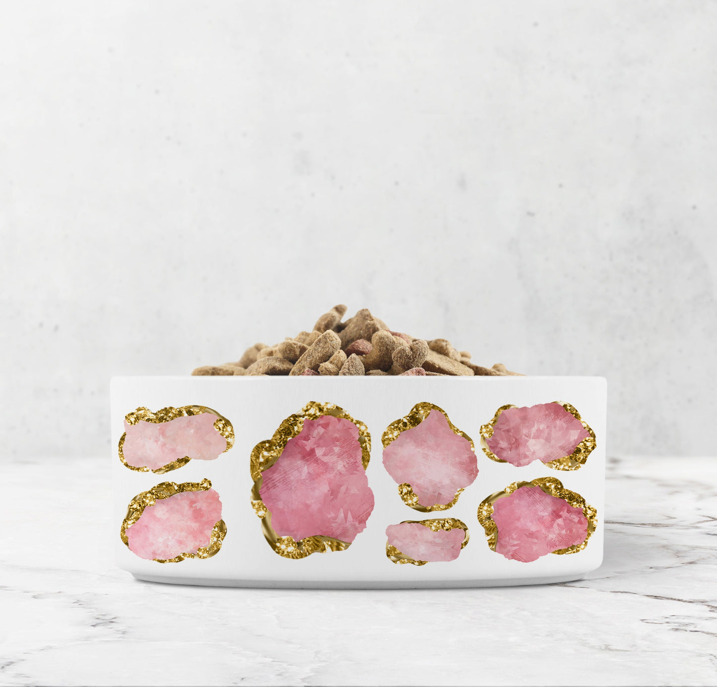 Jewel Encrusted Ceramic Pet Bowl, Rose Quartz and Gold