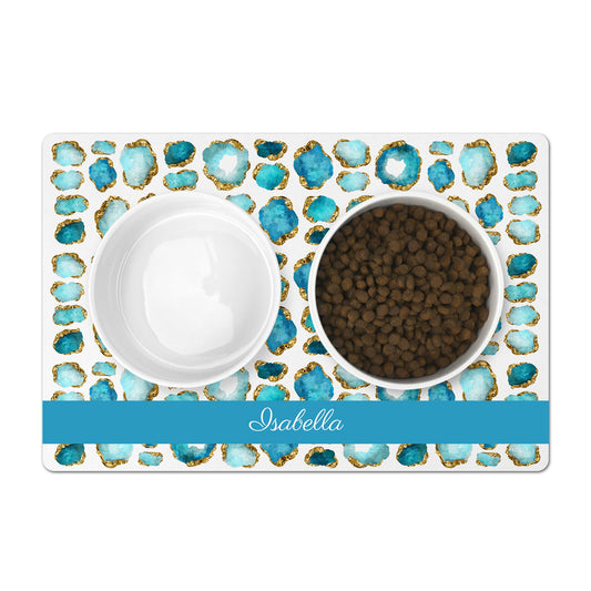 Aquamarine and gold jewel print pet bowl mat is personalized with any name or word.