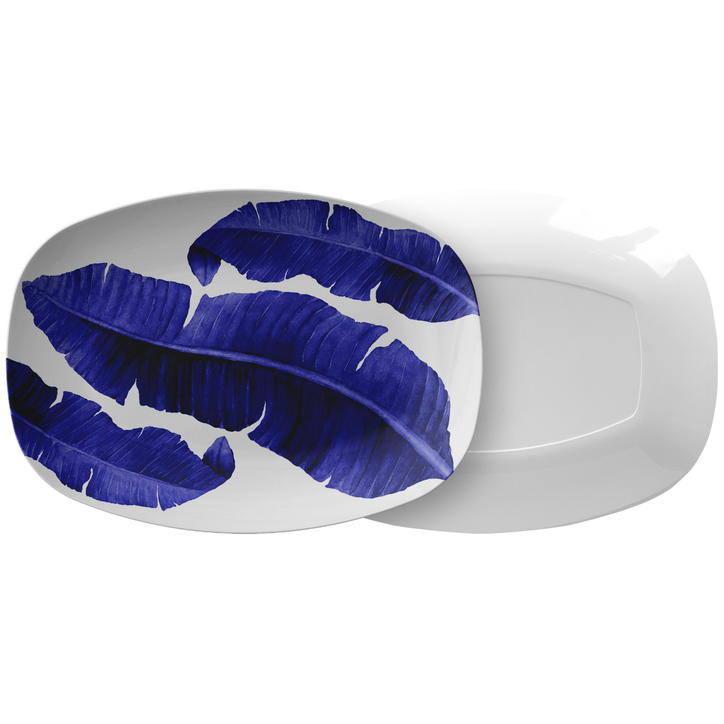 Banana Leaves Serving Platter, Navy Blue & White, Luxury Plastic