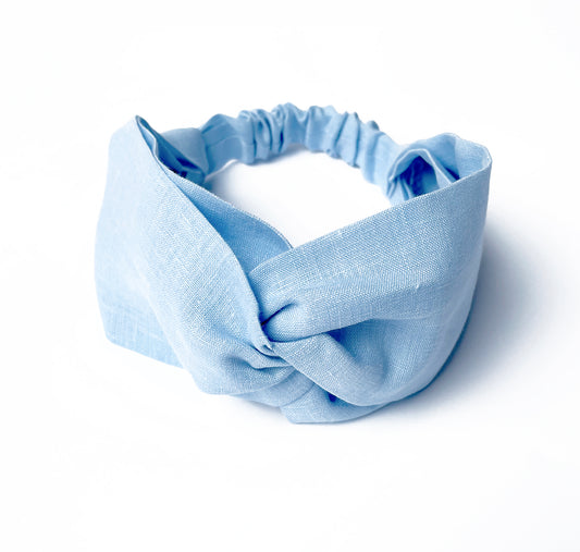Light Blue Linen Headband, Twist Top Knot Turban Headbands with Elastic