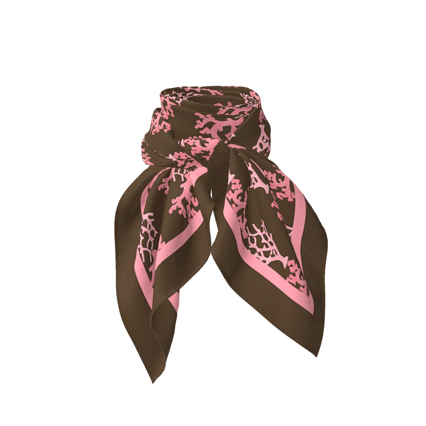 Sea Coral Print Satin Square Scarf, Brown & Pink, Two Sizes
