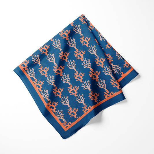 Sea Coral Branches Satin Square Scarf, Navy Blue & Orange, Two Sizes