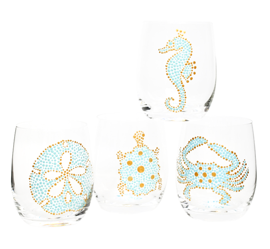 Hand painted wine glasses with sea life: sea horse, crab, turtle and sand dollar in aqua blue and gold