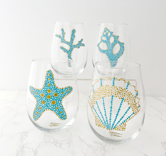 Nautical Sea Motif Hand Painted Glassware by Alyssa Reuven, Aqua Blue & Gold