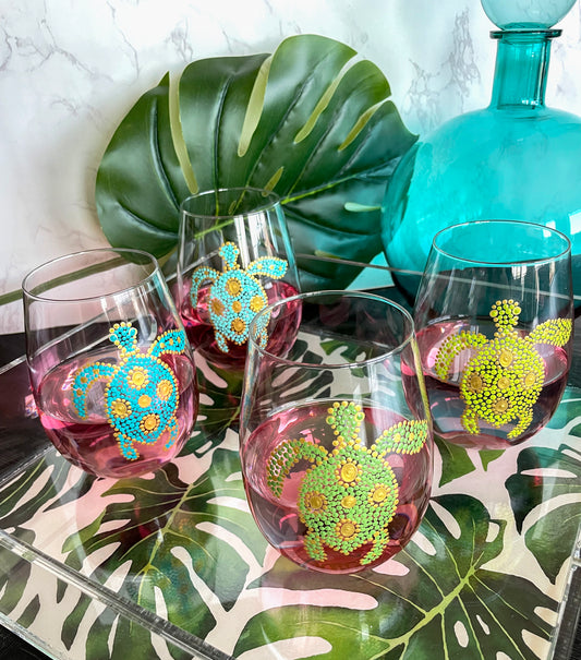 Alyssa Reuven Hand Painted Glassware - Sea Turtles Set of Four