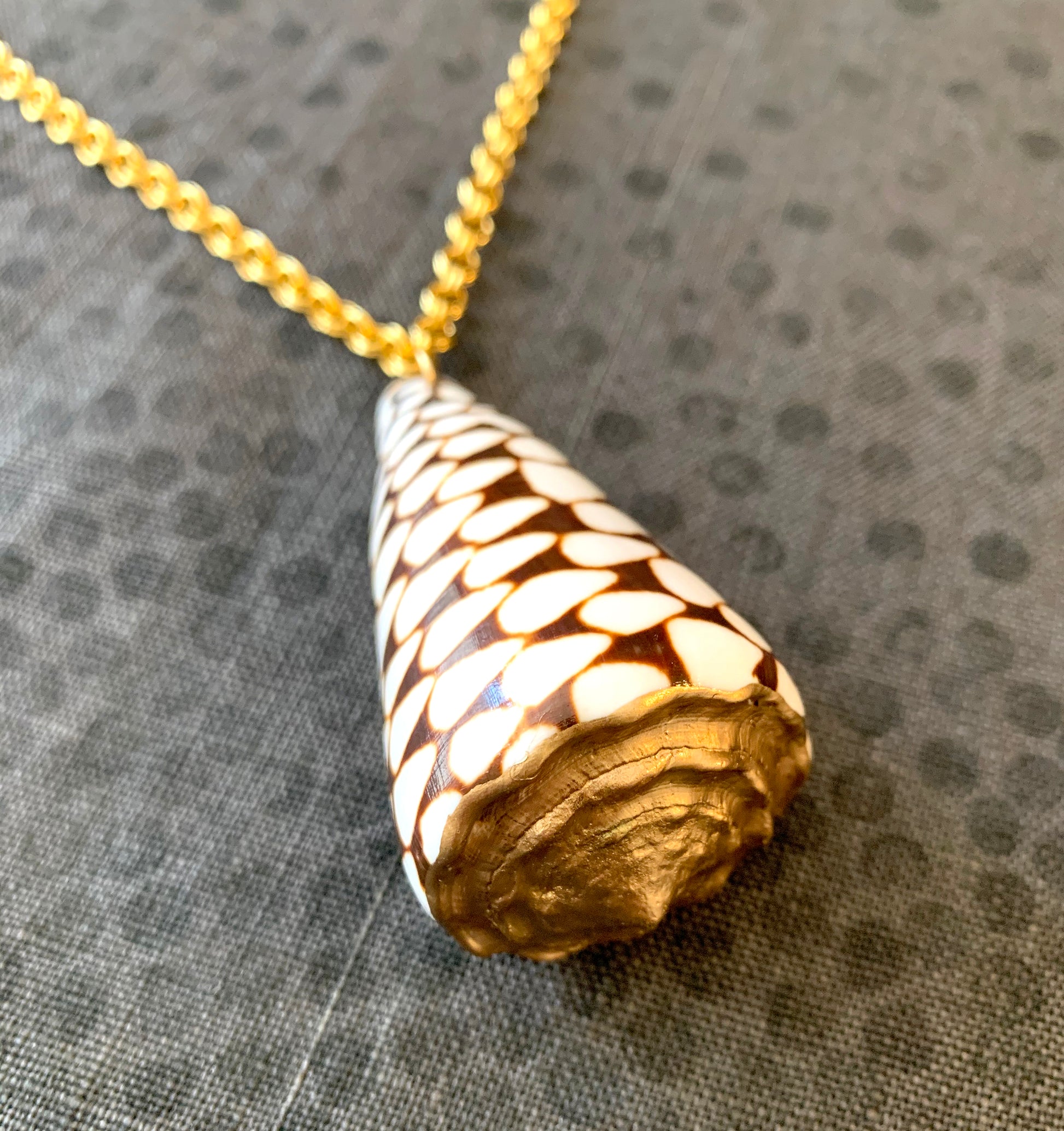 White & Brown Marble Cone Seashell Pendant Necklace, 18K Gold Plated Handmade Jewelry