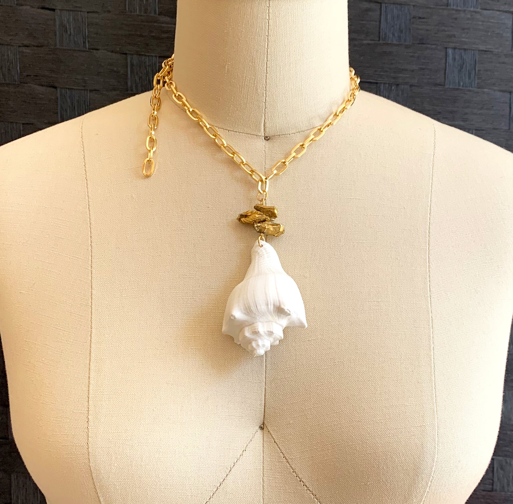 One of a Kind Handmade White Conch Shell Necklace with Gold Quartz Nugget Beads