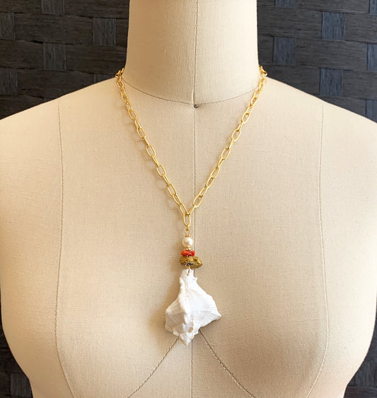 Handmade Necklace - White Conch Seashell Necklace with Pearl, Red Coral & Gold Quartz Beads, 18K Gold Plated Paperclip Chain