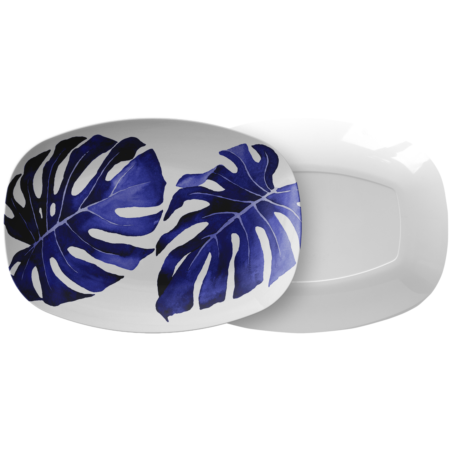 Monstera Leaves Serving Platter, Navy Blue & White, Luxury Plastic