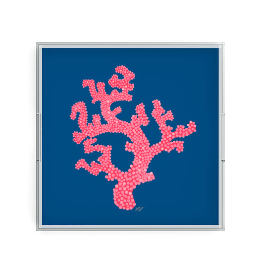 Coral Branch Decorative Tray & Drinks Tray, Tropical Pink & Navy Blue
