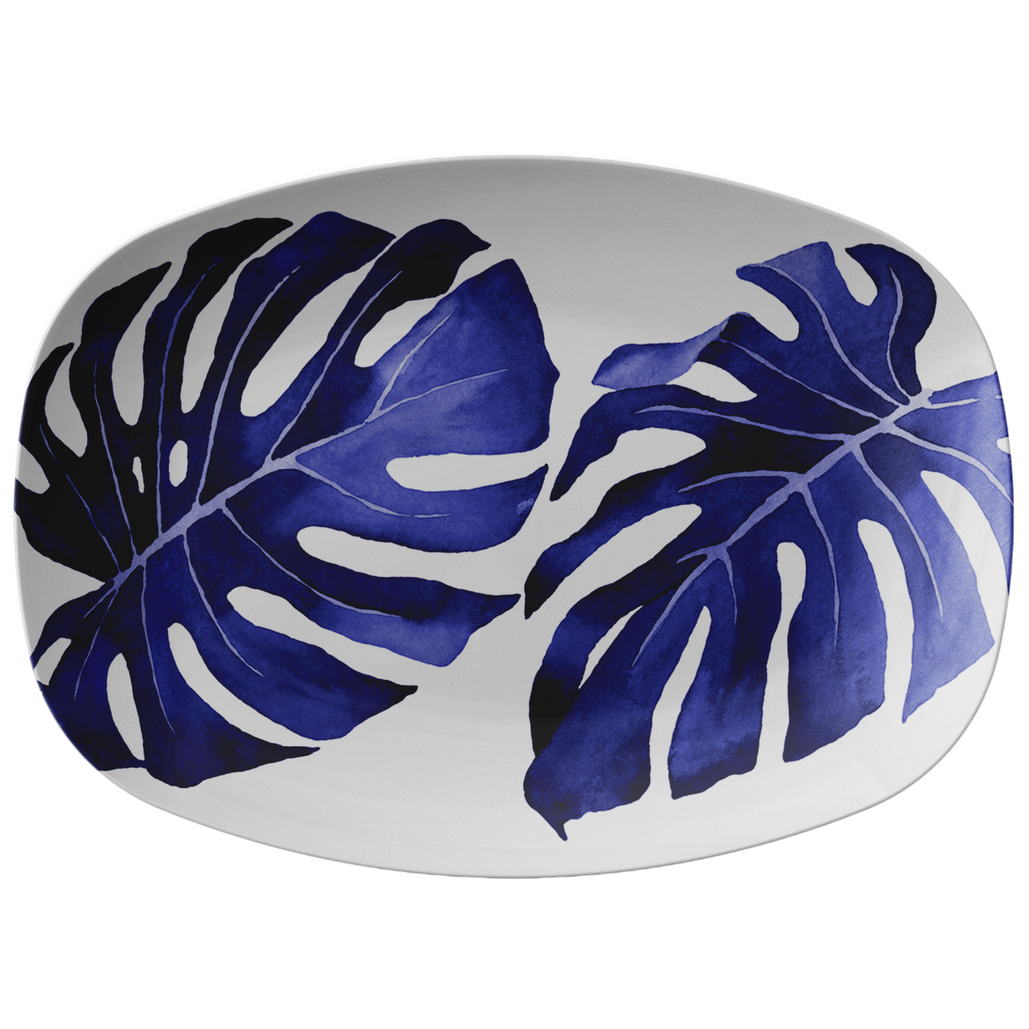 Monstera Leaves Serving Platter, Navy Blue & White