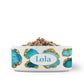 Personalized Pet Bowl. Aqua and gold gemstones are printed on glossy white dog bowl customized with any name or word.