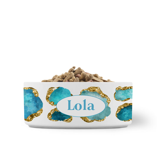 Personalized Pet Bowl. Aqua and gold gemstones are printed on glossy white dog bowl customized with any name or word.