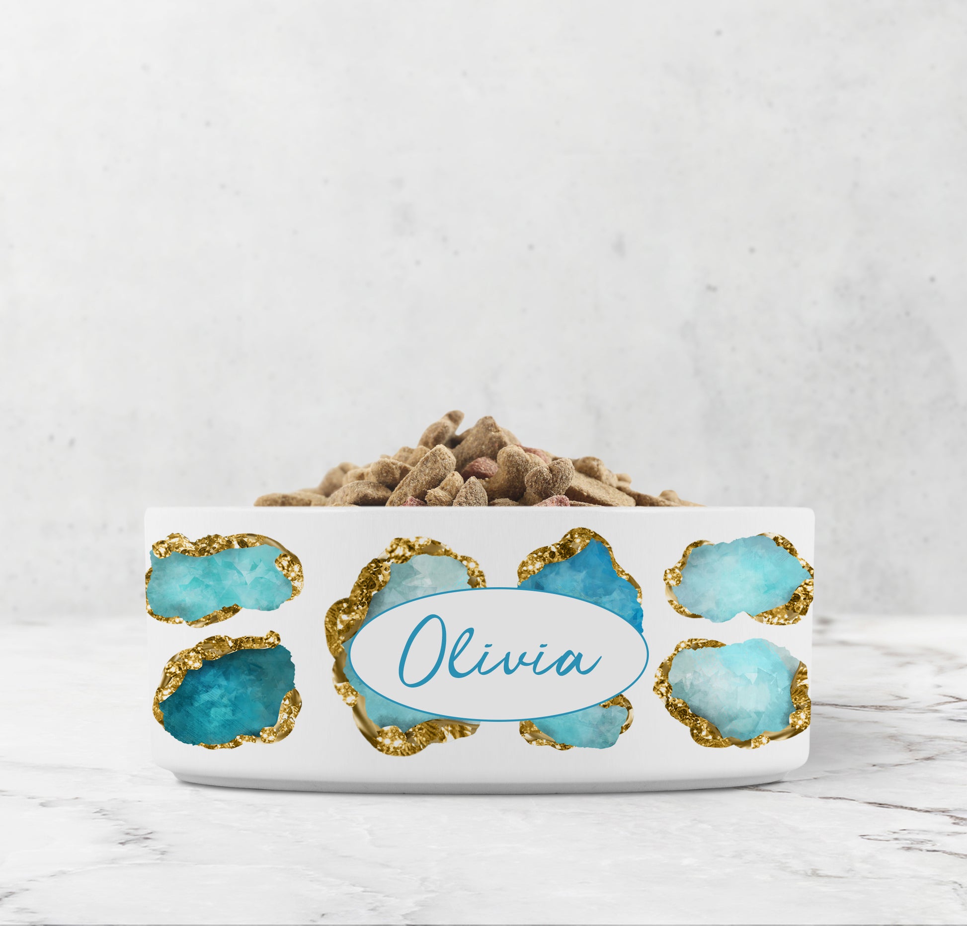 Customized blue and white pet bowl with aqua and gold jewel print personalized with your pet's name