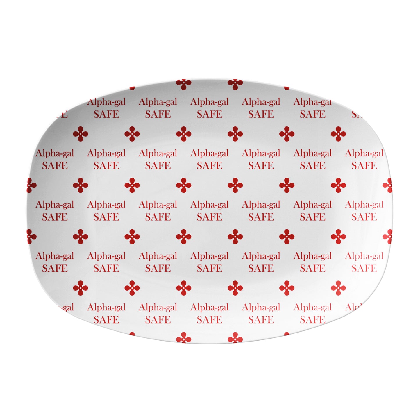 Alpha-gal safe friendly food serving dish labeled with alpha-gal safe in red 
