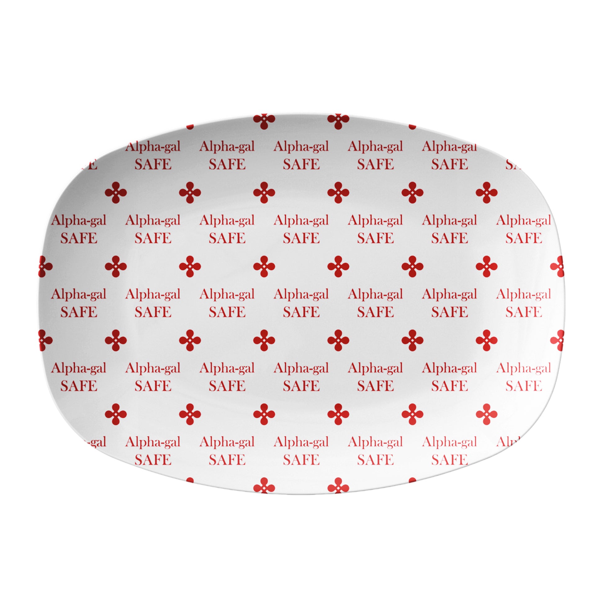 Alpha-gal safe friendly food serving dish labeled with alpha-gal safe in red 
