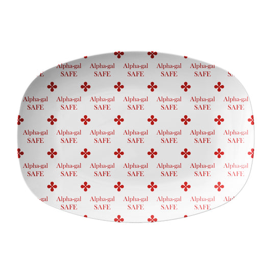 Alpha-gal safe friendly food serving dish labeled with alpha-gal safe in red 