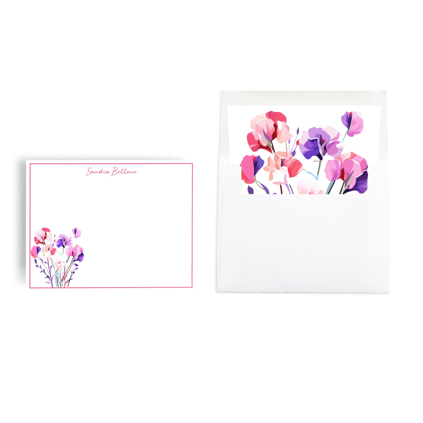Notecard stationery set personalized with custom name features sweet pea flowers on bordered notecard and hand lined envelope. 