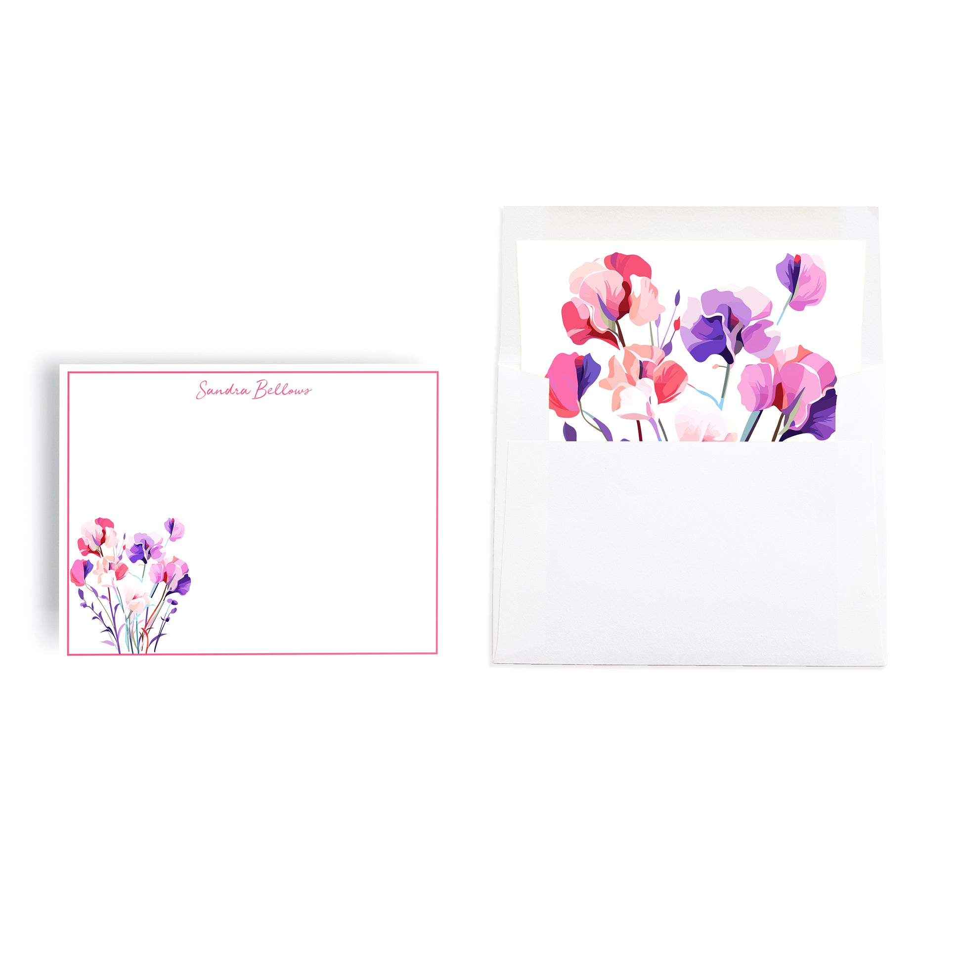 Notecard stationery set personalized with custom name features sweet pea flowers on bordered notecard and hand lined envelope. 
