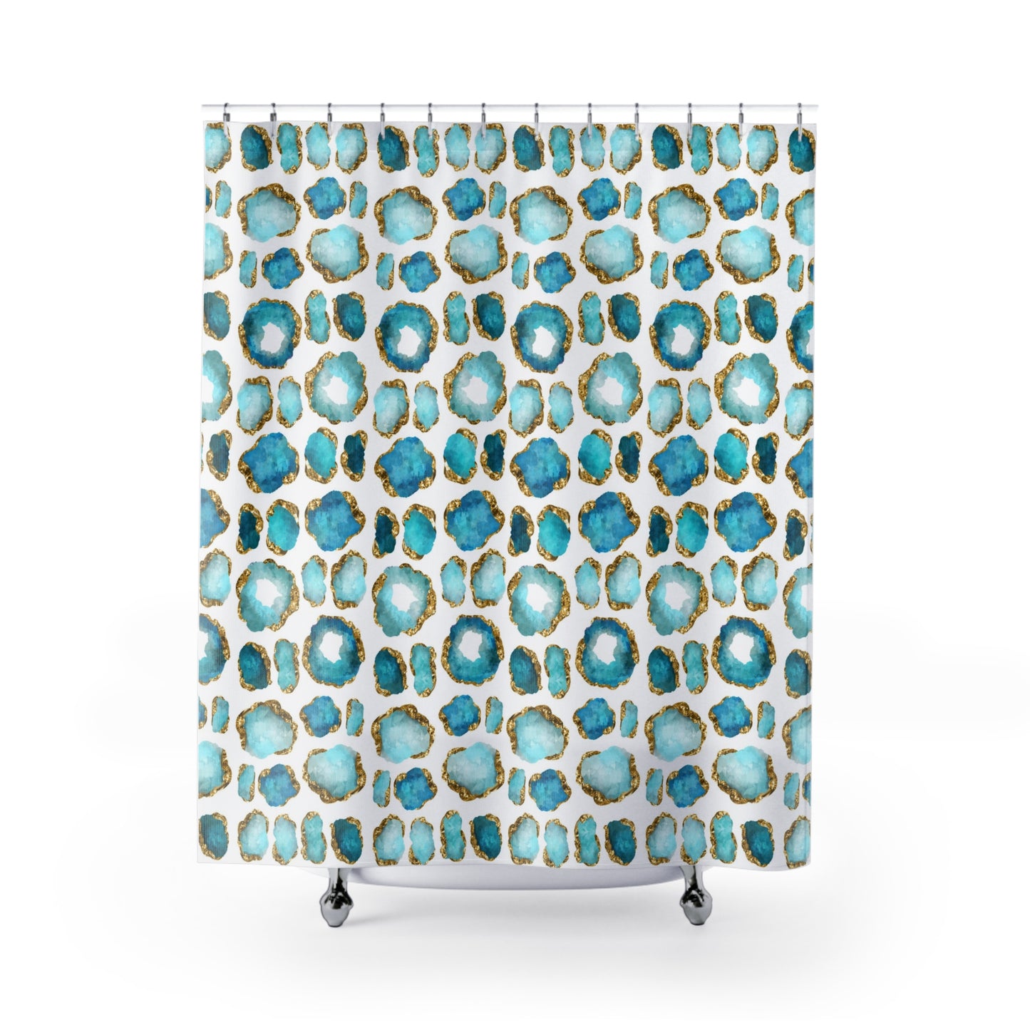 Shower curtain with aquamarine and gold crystal gemstones printed all over a white background.