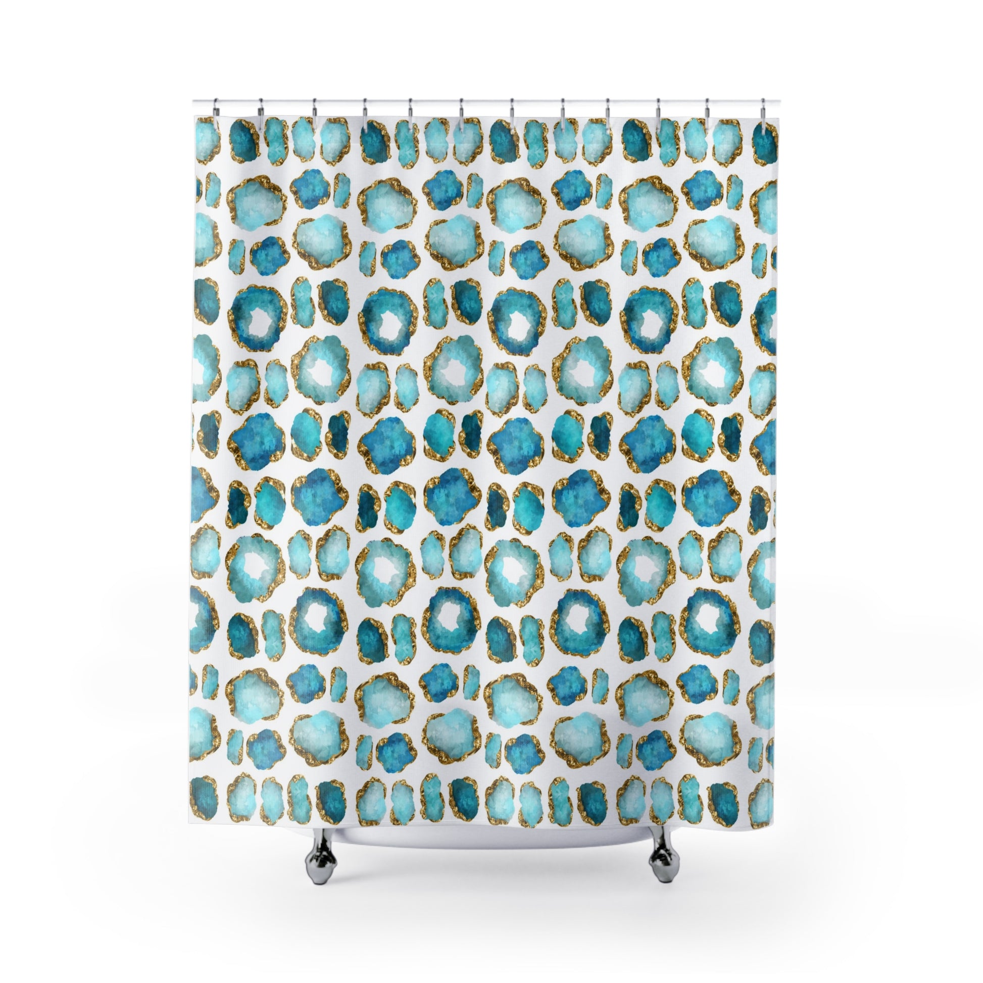 Shower curtain with aquamarine and gold crystal gemstones printed all over a white background.