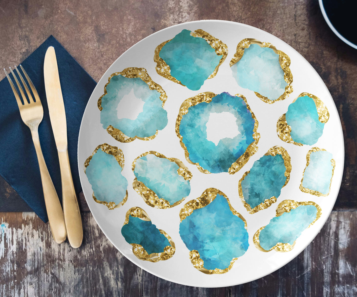 Luxury Aquamarine & Gold Gemstone Plastic Plates – Set of 4