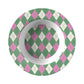 Rim Soup style bowl with a green and pink argyle diamond harlequin pattern.