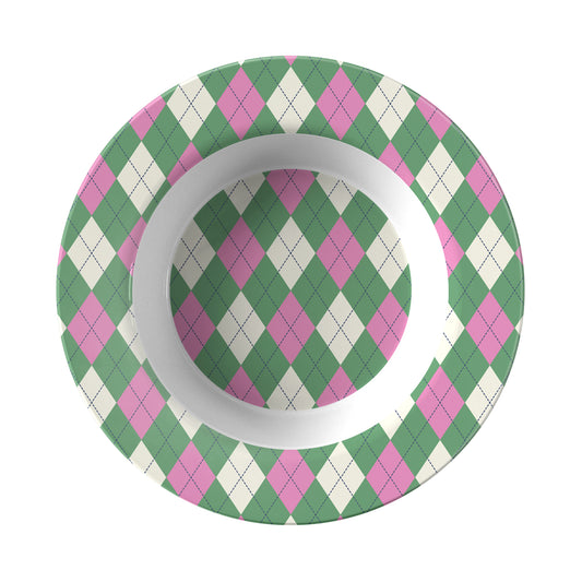 Rim Soup style bowl with a green and pink argyle diamond harlequin pattern.