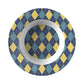 Rim soup bowl in an argyle diamond pattern in navy, yellow and teal.