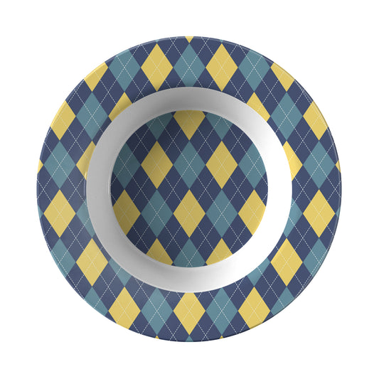 Rim soup bowl in an argyle diamond pattern in navy, yellow and teal.