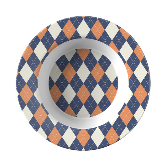 Navy and orange argyle diamond pattern rim soup bowl.