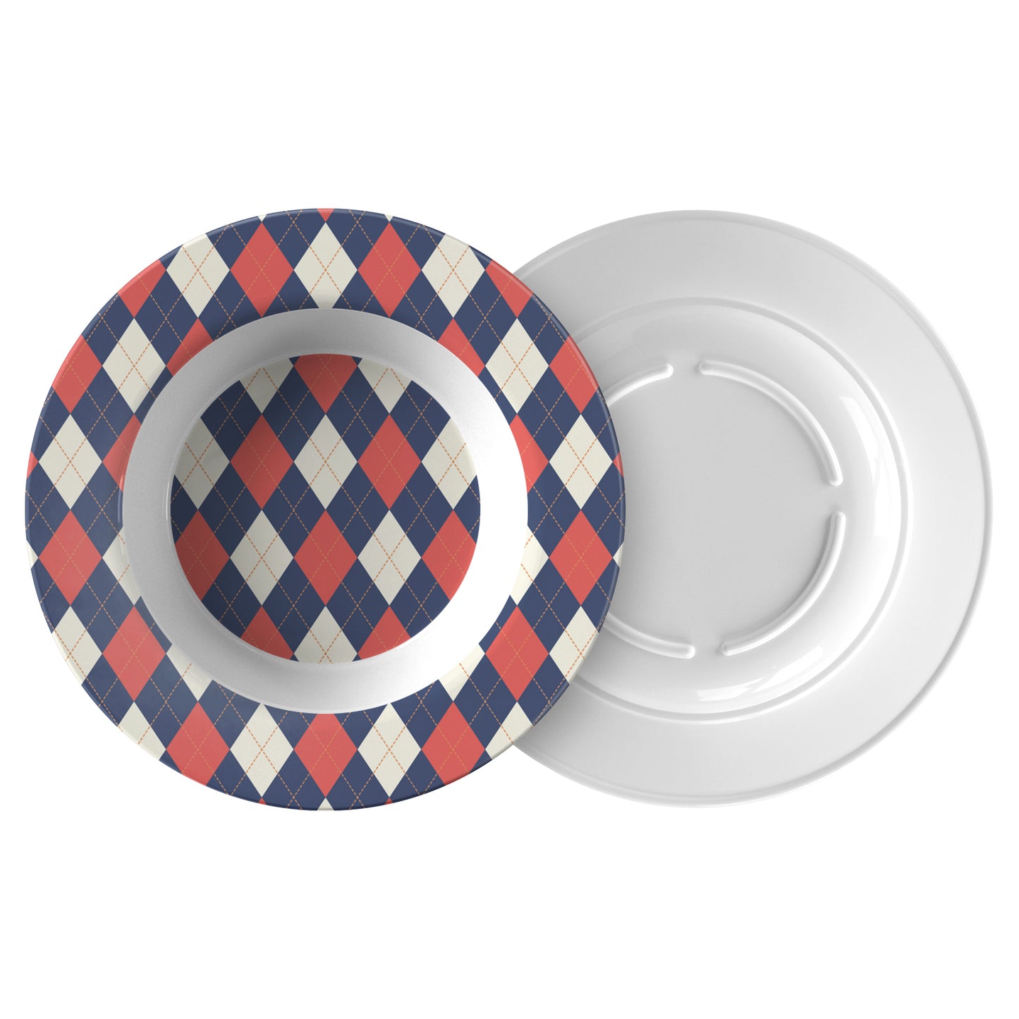 Argyle Bowl, Navy, Red and Cream, Luxury Plastic, Choose Single or Set