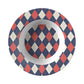 Rim soup bowl in a navy, red and cream argyle diamond pattern.