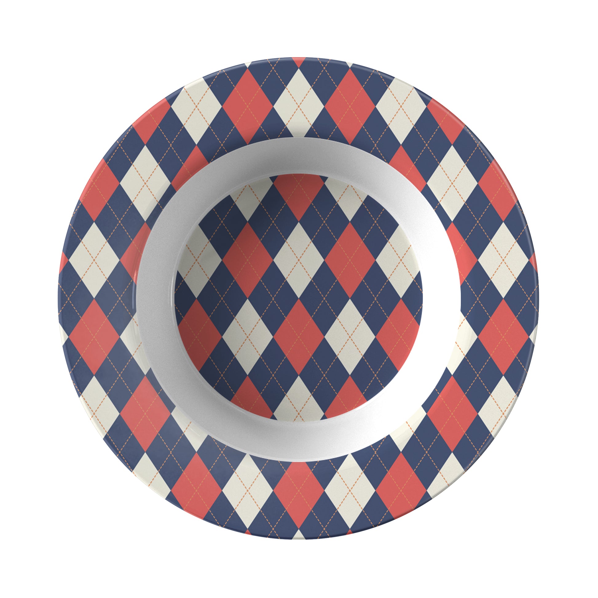 Rim soup bowl in a navy, red and cream argyle diamond pattern.