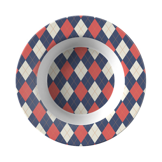 Rim soup bowl in a navy, red and cream argyle diamond pattern.