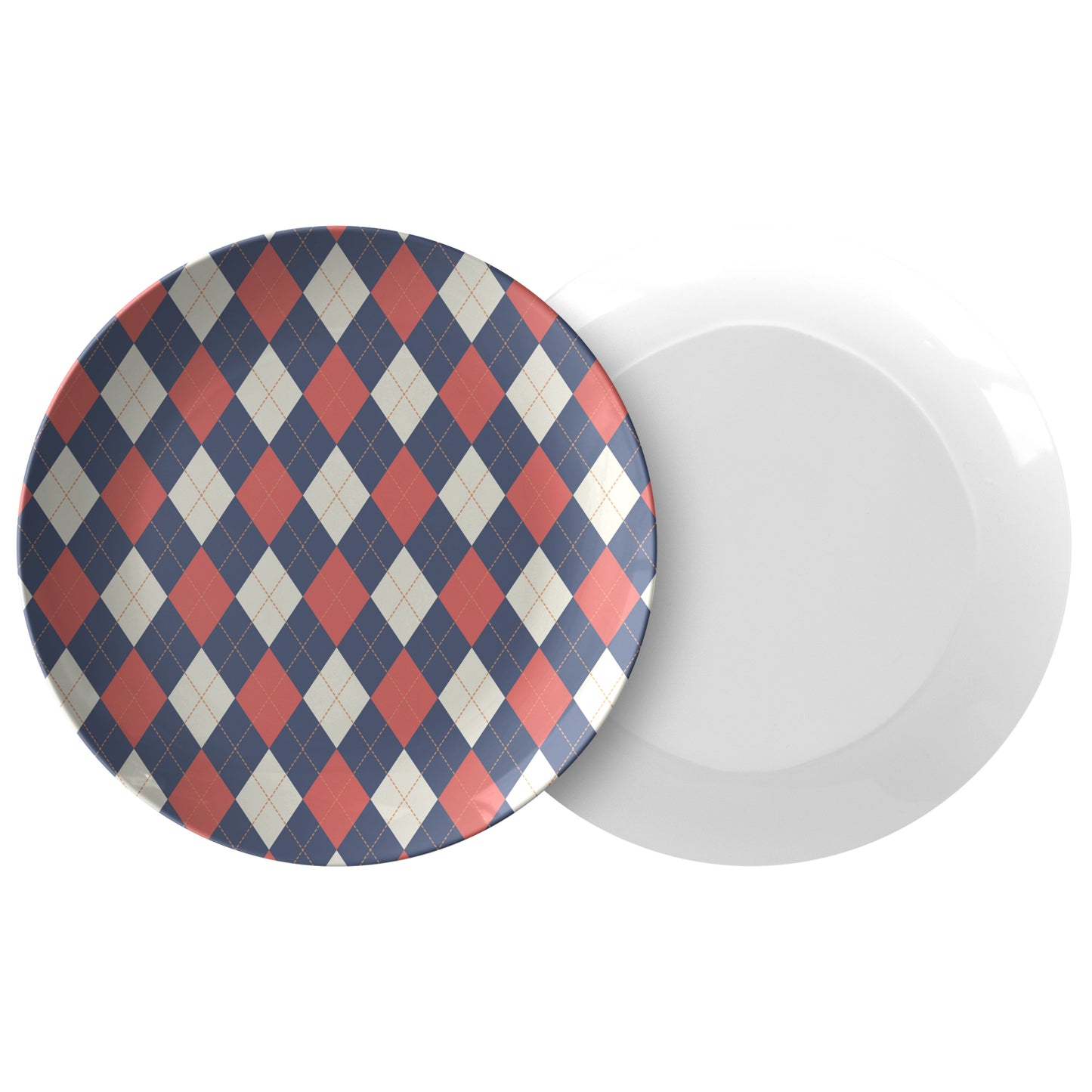 Argyle Plate, Navy, Red and Cream, Luxury Plastic, Choose Single or Set of Four