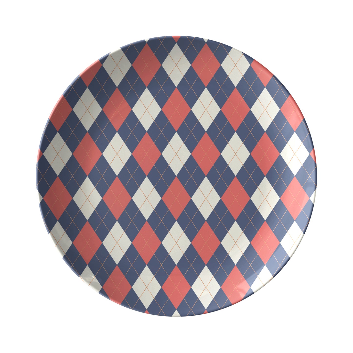 Round plate with a navy, red and cream diamond argyle pattern.