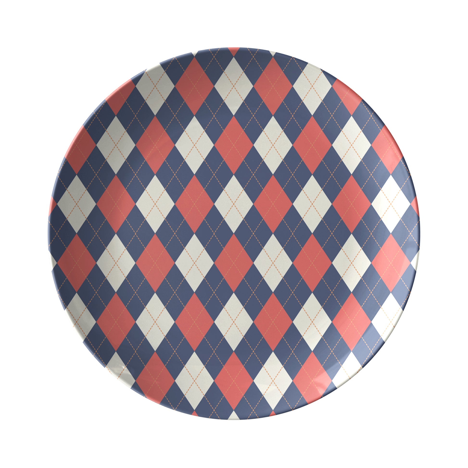 Round plate with a navy, red and cream diamond argyle pattern.