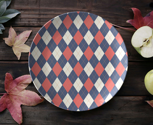 Argyle Plate, Navy, Red and Cream, Luxury Plastic, Choose Single or Set of Four
