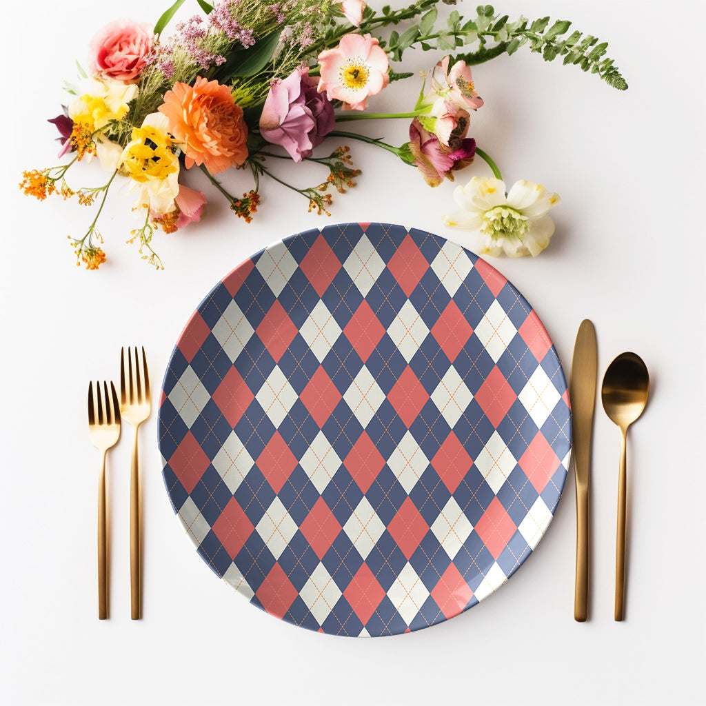 Argyle Plate, Navy, Red and Cream, Luxury Plastic, Choose Single or Set of Four