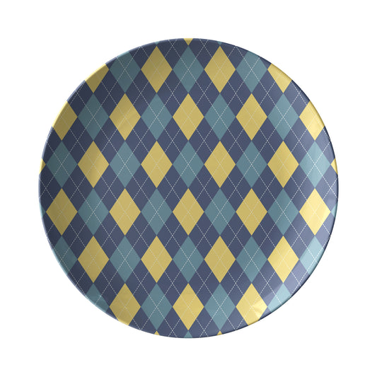 Dinner Plate in an argyle diamond pattern in navy blue, yellow and teal.